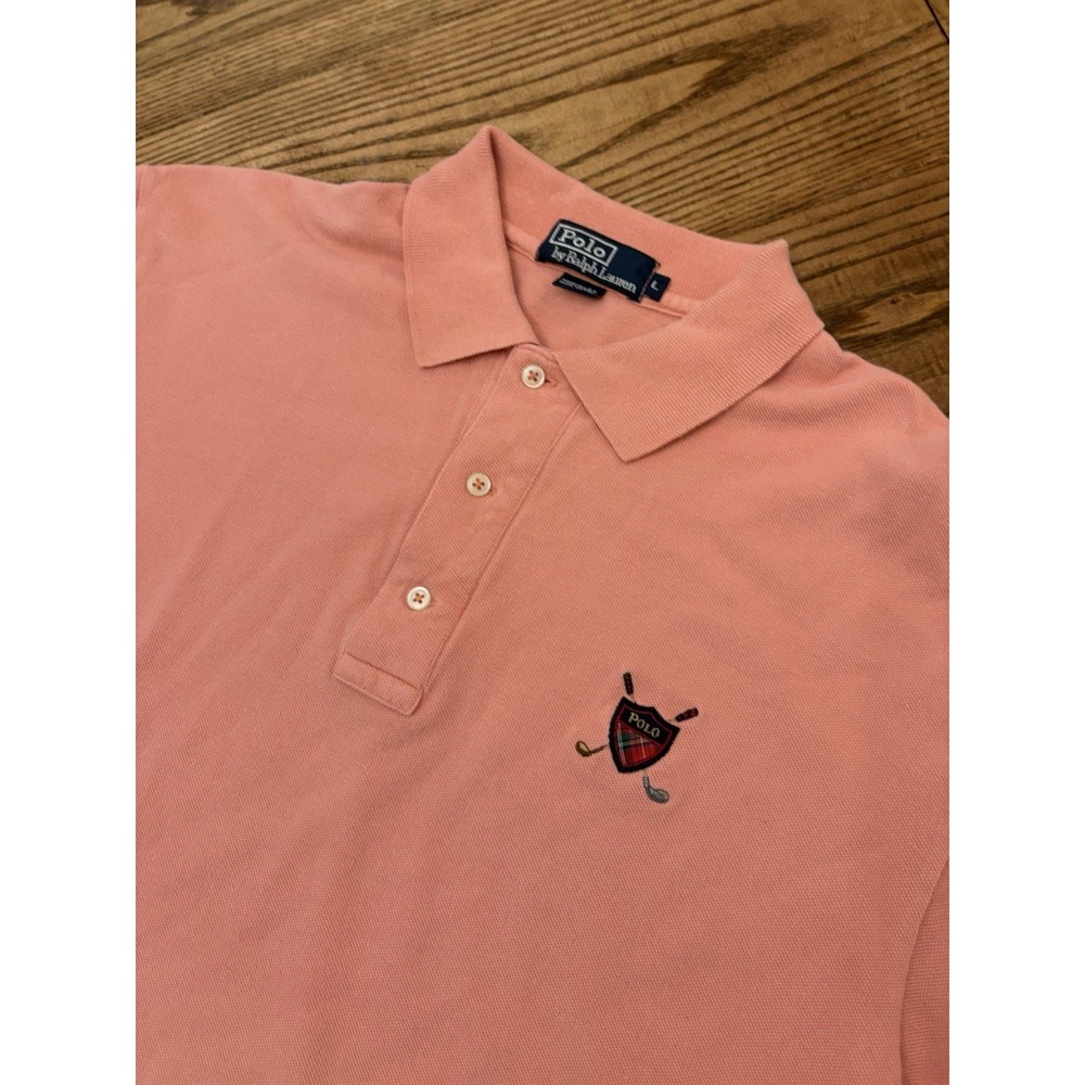 Vintage 90s Polo Ralph Lauren Men's Large Pink Crest Short Sleeve Polo‎ Shirt
